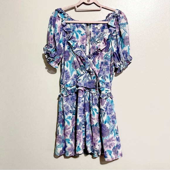 NWT For Love & Lemons Shelly Floral Lilac Ruffled Mini Puff Sleeve DressMSRP$236 - Picture 2 of 16